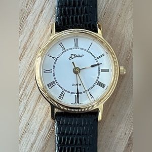 Belair Ladies Watch New in Original Box Black Leather Strap White Dial Gold Case